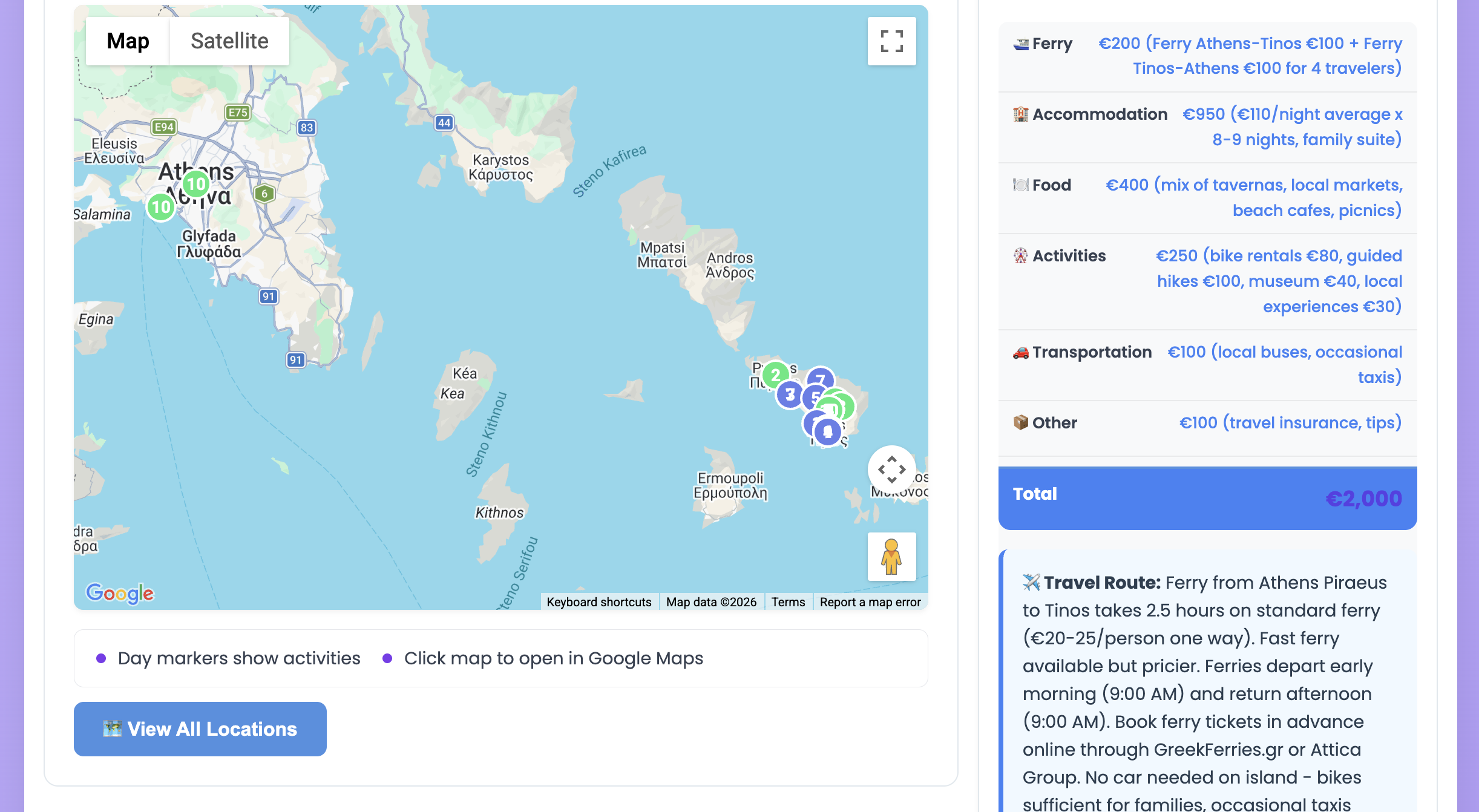 Itinerary map and budget