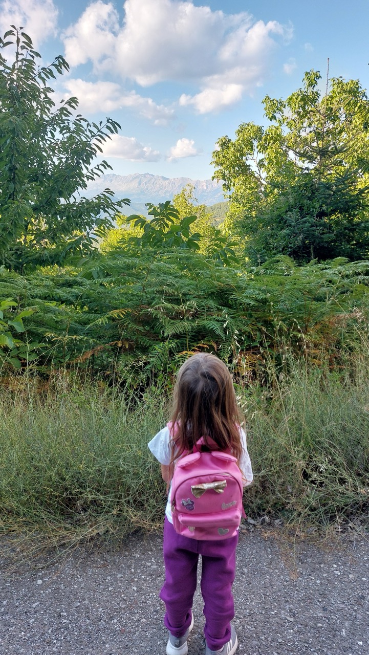 A child looking out at the Giona and Vardousia mountain ranges from a forest clearing above Potidaneia